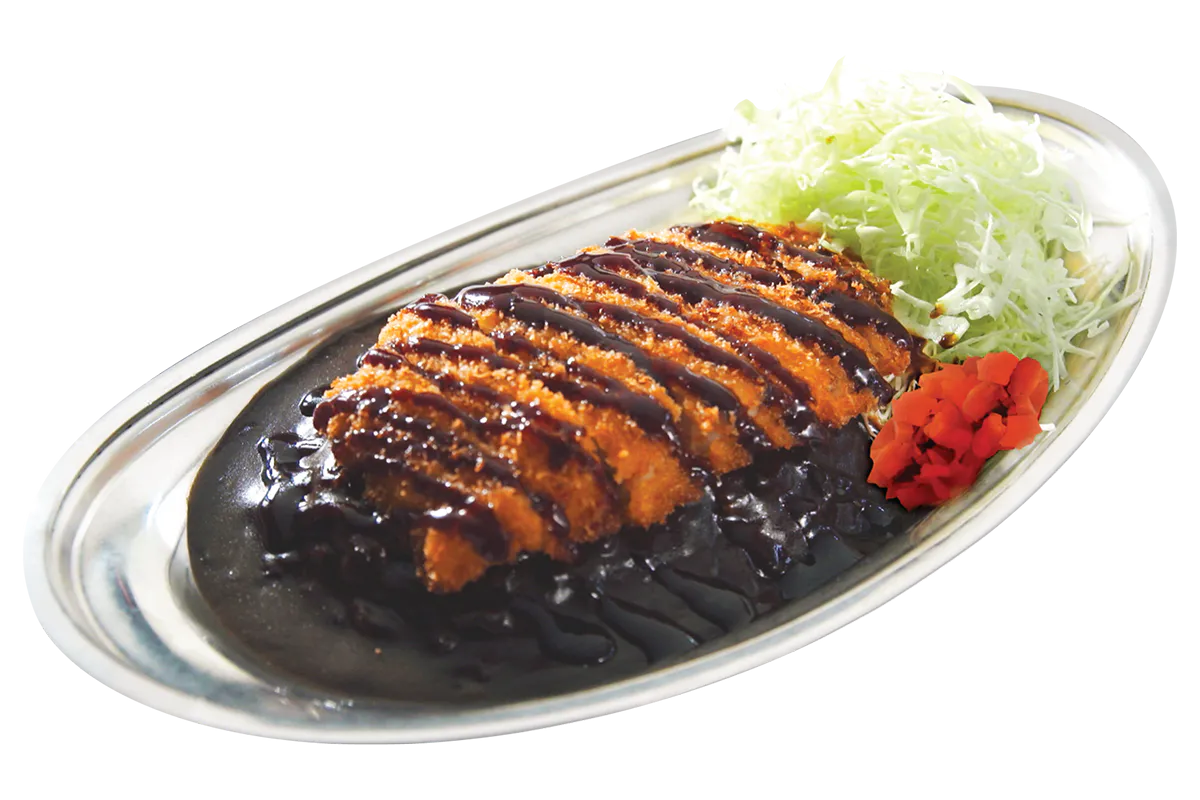 Tonkatsu black curry with shredded cabbage and pickled red ginger at Go Go Curry, a Japanese Curry Restaurant in Gardena